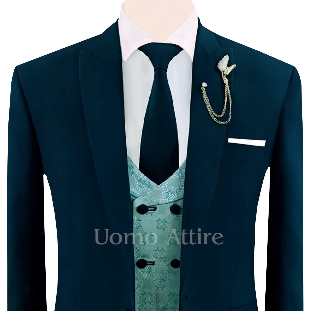 
                  
                    Made-to-order deep green three piece suit for men with double breasted jamawar vest
                  
                