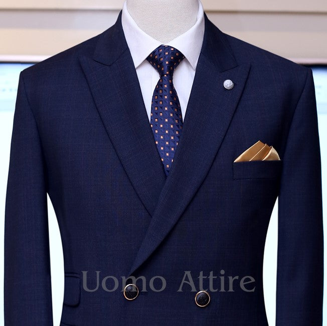 Midnight blue 2 piece suit, midnight blue double breasted 2 piece suit with formal knitted tie, double breasted suit
