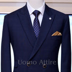 Midnight blue 2 piece suit, midnight blue double breasted 2 piece suit with formal knitted tie, double breasted suit
