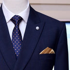 Midnight blue 2 piece suit, midnight blue double breasted 2 piece suit with formal knitted tie and pocket square, double breasted suit
