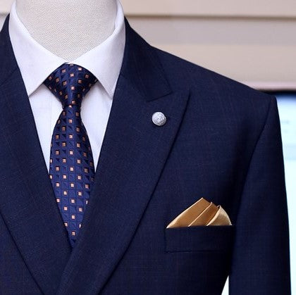 Midnight blue 2 piece suit, midnight blue double breasted 2 piece suit with formal knitted tie and pocket square, double breasted suit