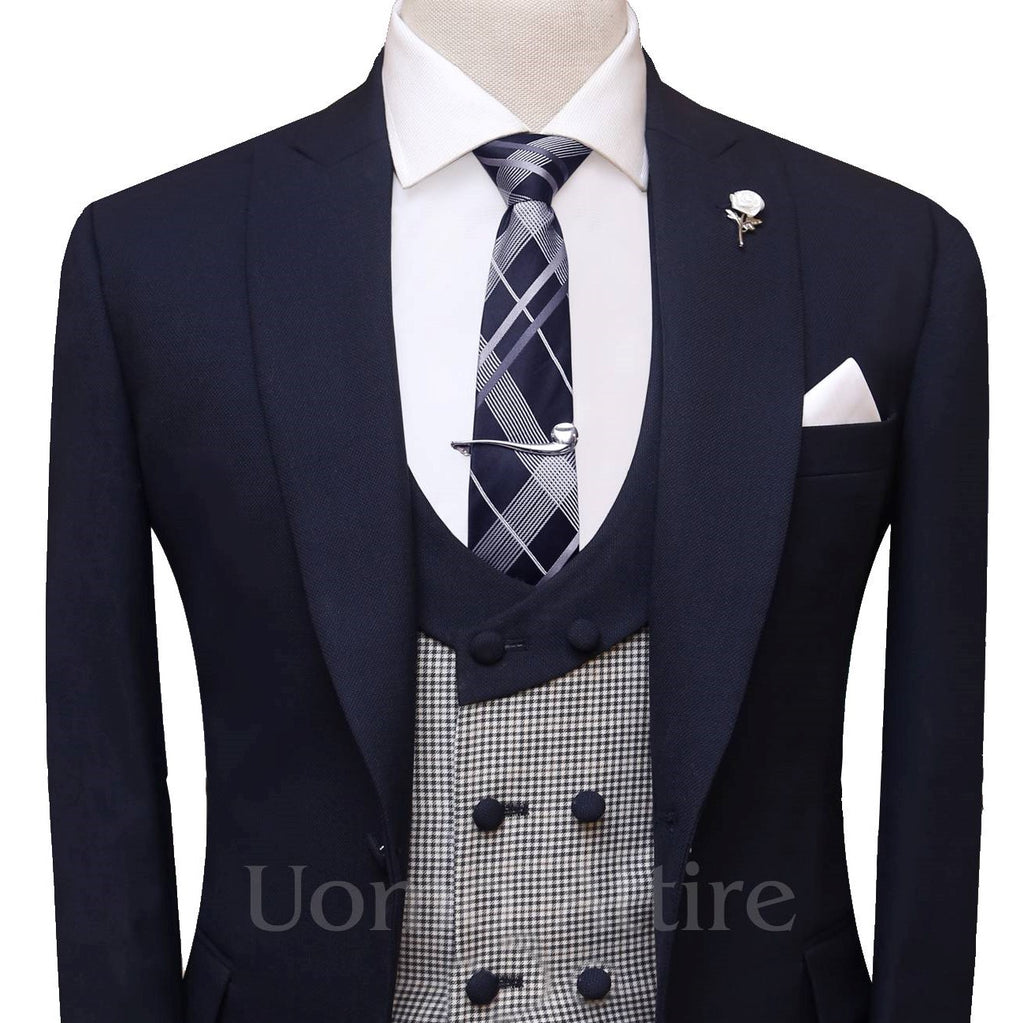 Navy blue contrast three piece suit, blue suit for wedding with pocket square and lapel pin