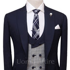 Navy blue contrast three piece suit, blue suit for wedding with pocket square and lapel pin