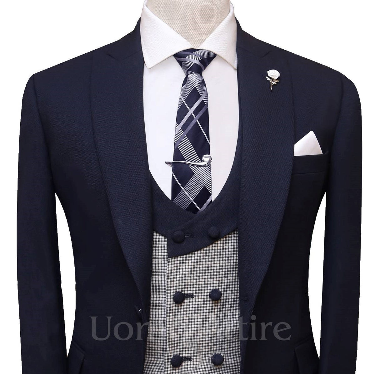 Navy blue contrast three piece suit, blue suit for wedding with pocket square and lapel pin