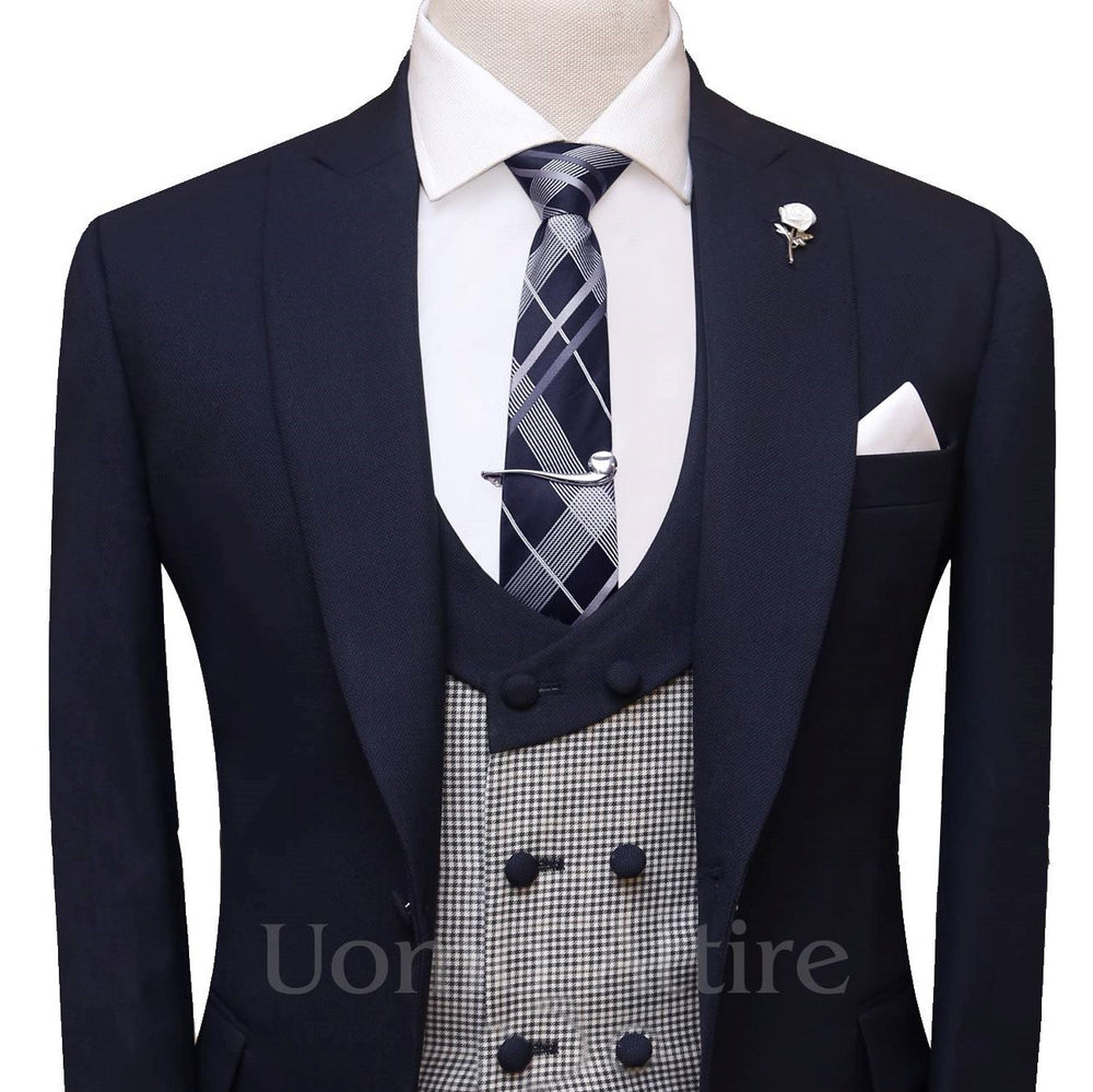 
                  
                    Navy blue contrast three piece suit, blue suit for wedding with pocket square and lapel pin
                  
                