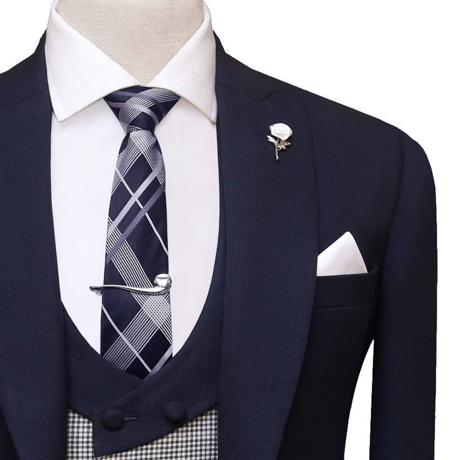 
                  
                    Navy blue contrast three piece suit, blue suit for wedding with designer tie
                  
                