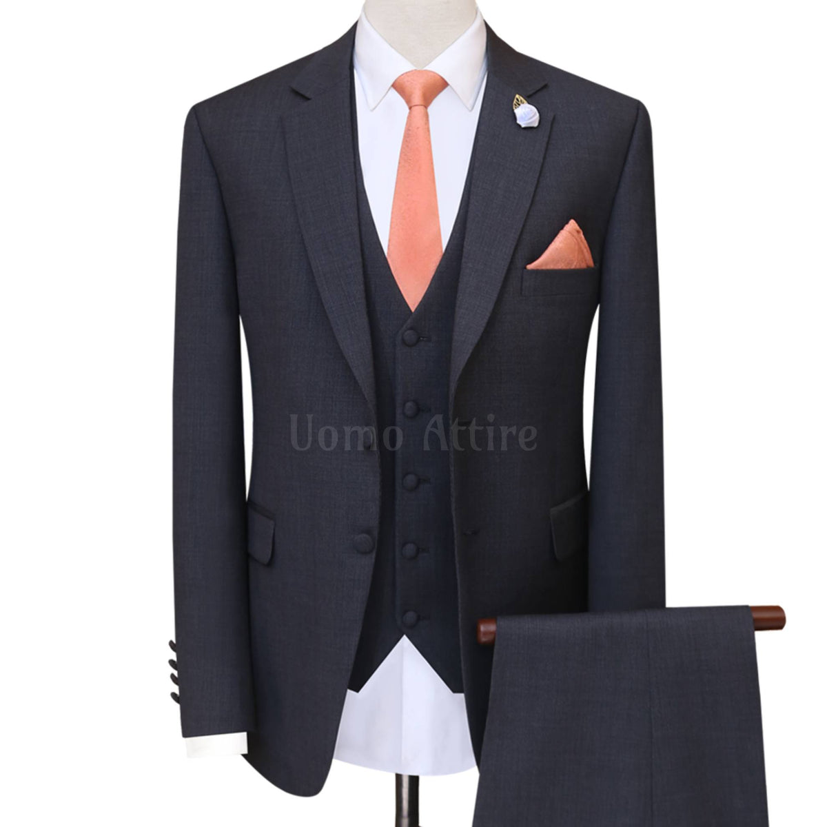 Pin dot charcoal grey customized three piece suit