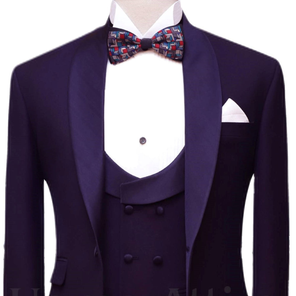 
                  
                    Plum bird eye self-textured tuxedo three piece suit with tuxedo tie
                  
                