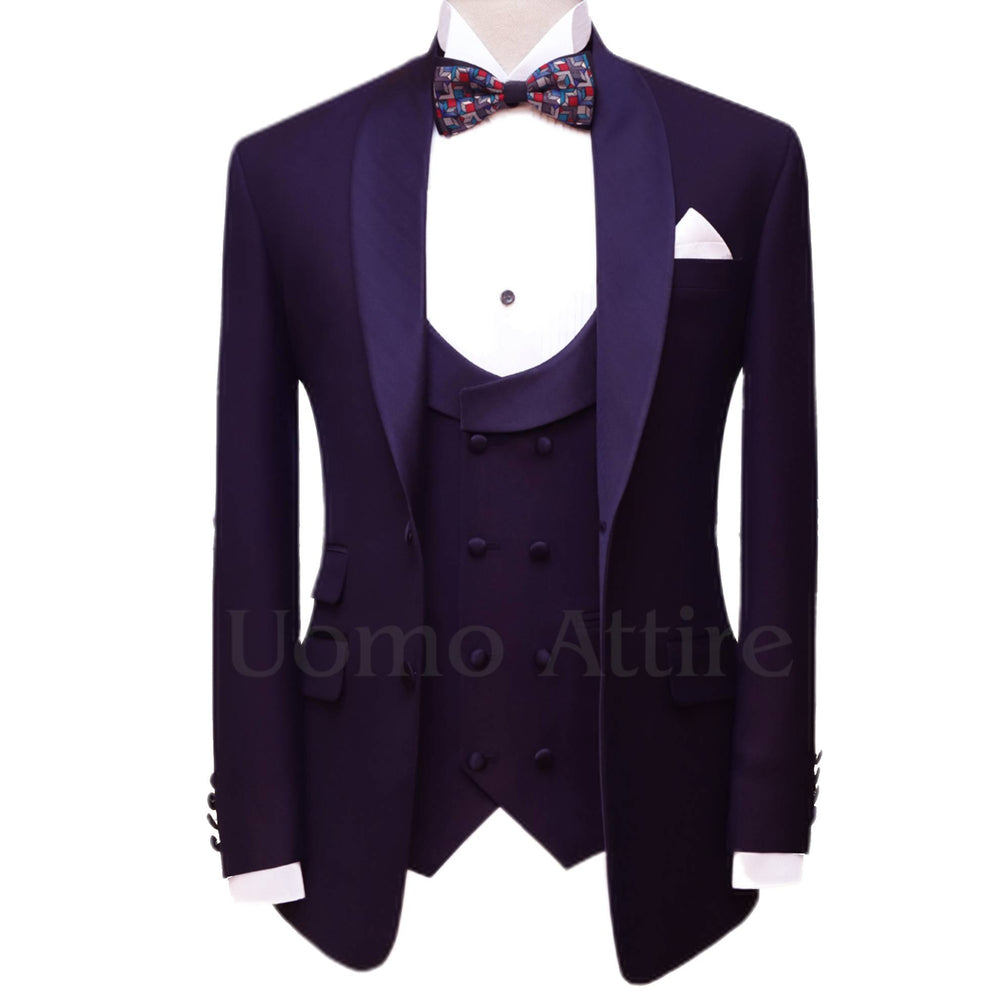 Plum bird eye self-textured tuxedo three piece suit