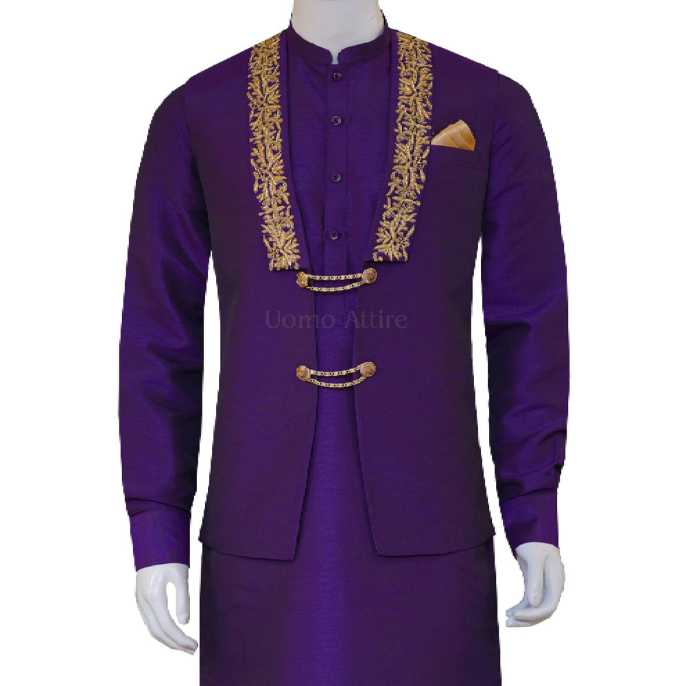 Plum color waistcoat with same kurta pajama Uomo Attire
