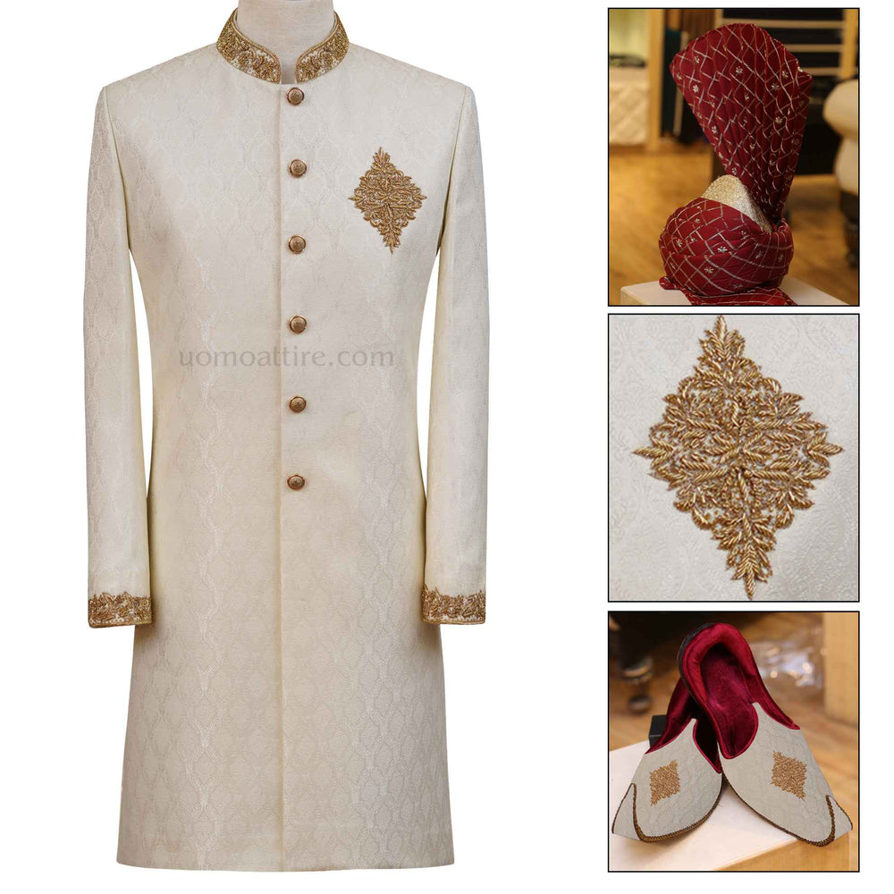 sherwani, sherwani for groom, jamawar fabric sherwani with same fabric khussa