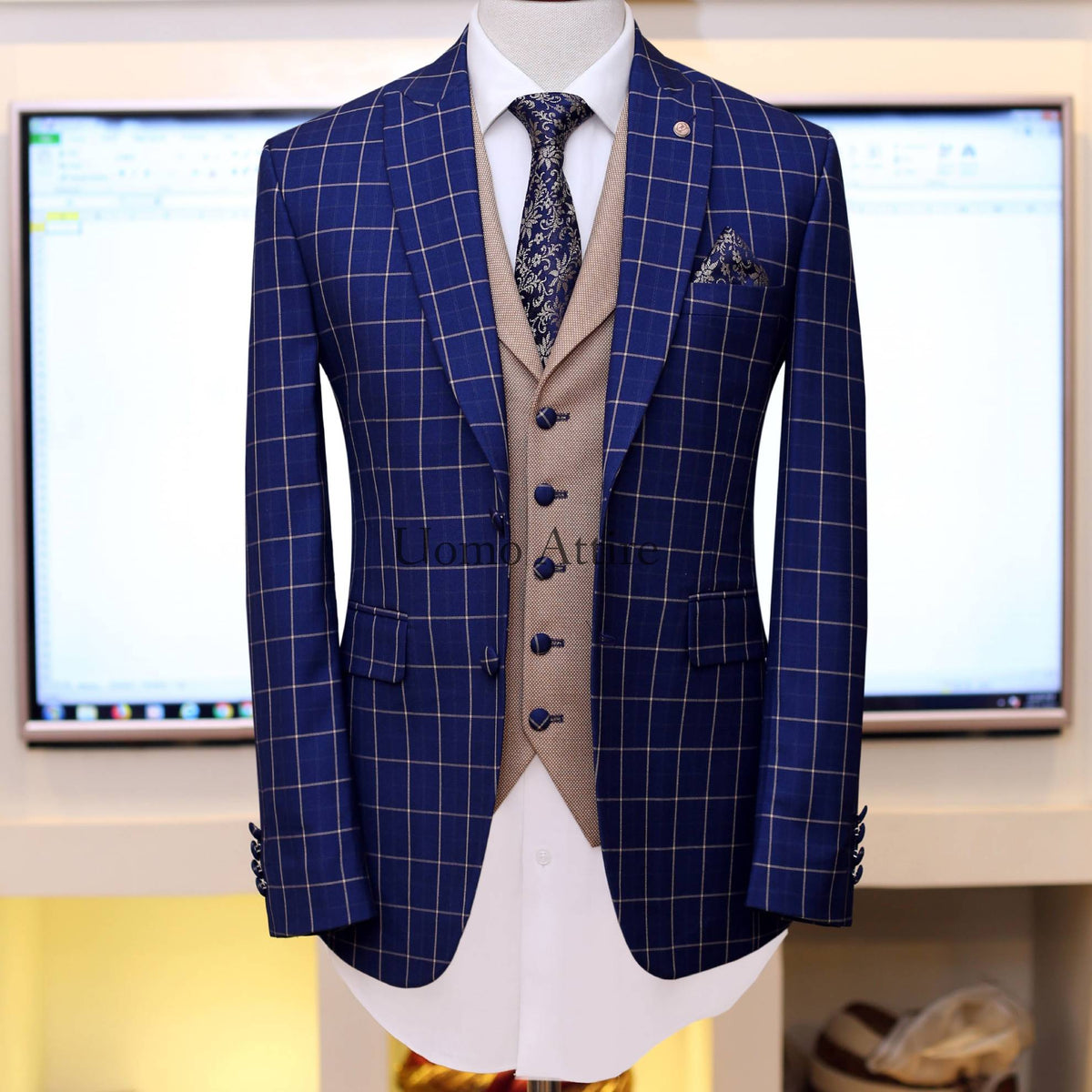 Sharp blue windowpane check three piece suit with single breasted vest, blue 3 piece suit for men