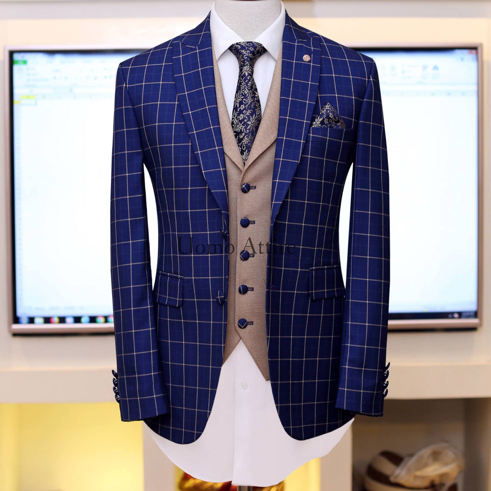 Buy Men Navy Check Slim Fit Party Three Piece Suit Online - 637508 | Peter  England