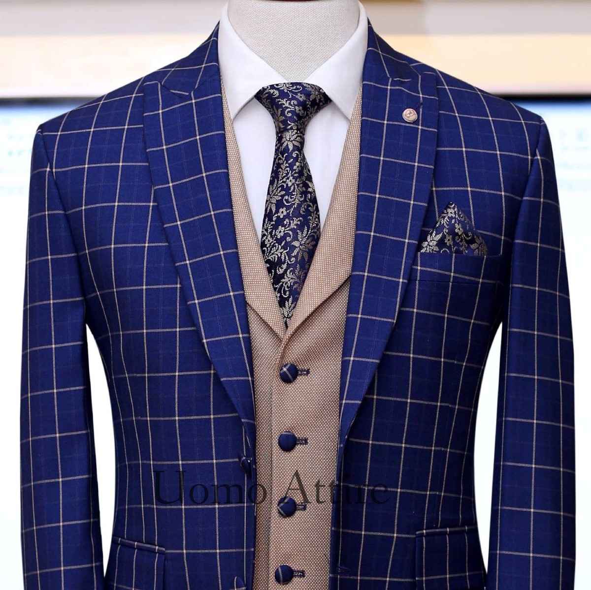 Sharp blue windowpane check three piece suit with single breasted shawl lapel vest