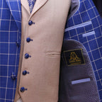Sharp blue windowpane check three piece suit with inside linning fashion