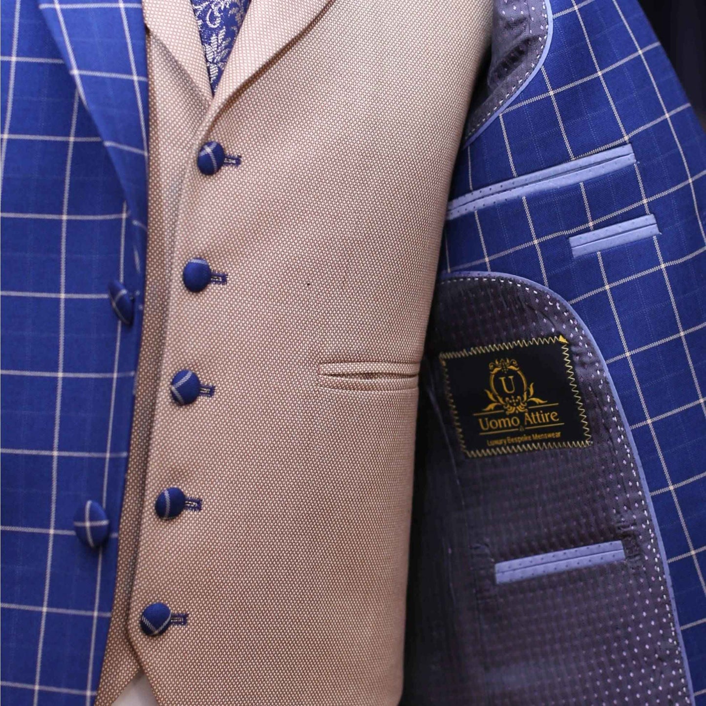 
                  
                    Sharp blue windowpane check three piece suit with inside linning fashion
                  
                