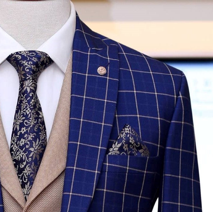 Sharp blue windowpane check three piece suit with jamawar formal tie and pocket square
