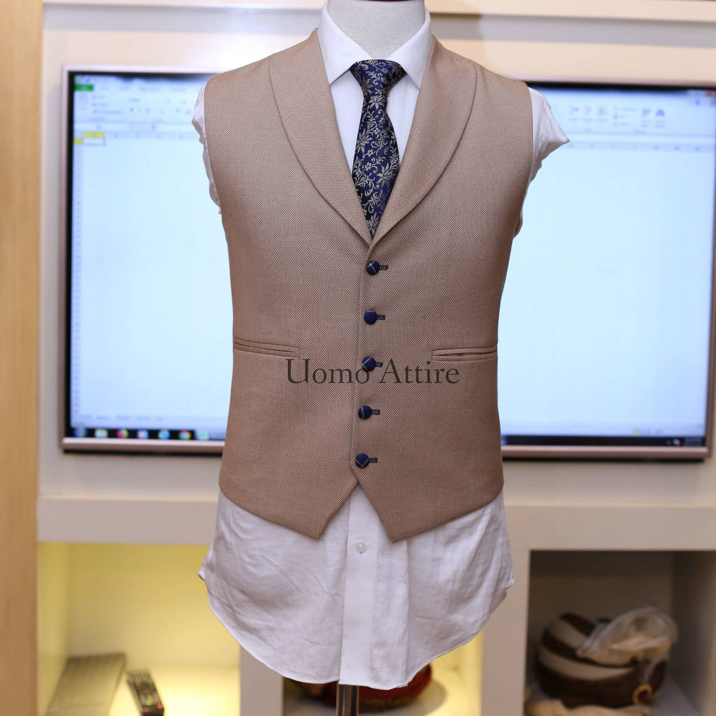 Sharp blue windowpane check three piece suit with single breasted vest and blue fabric buttons