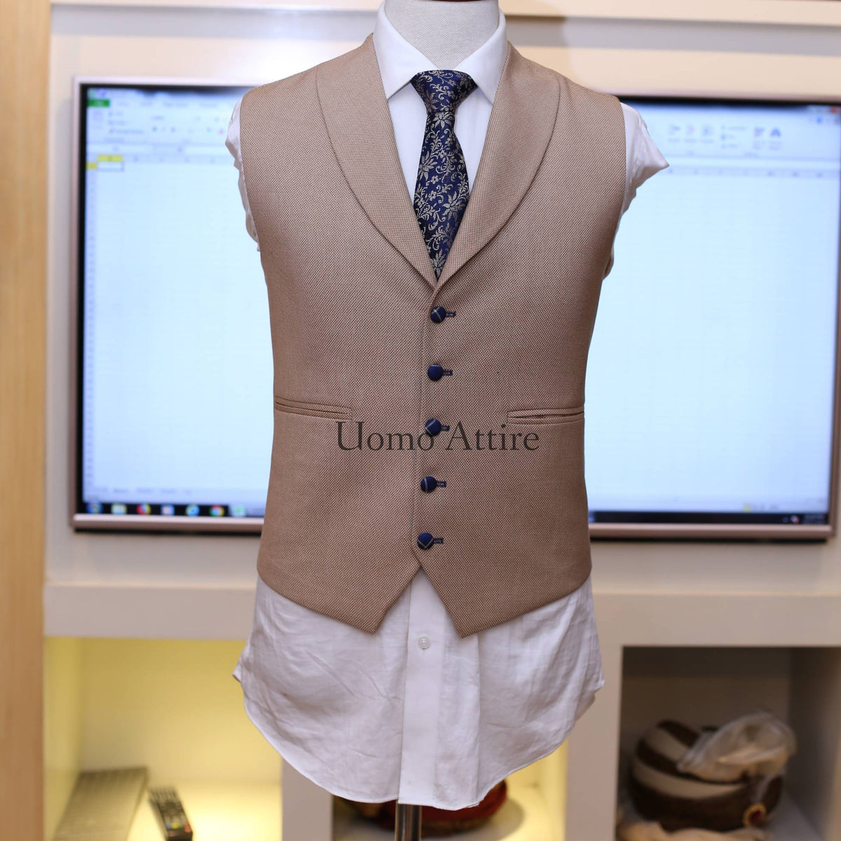 Sharp blue windowpane check three piece suit with single breasted vest and blue fabric buttons