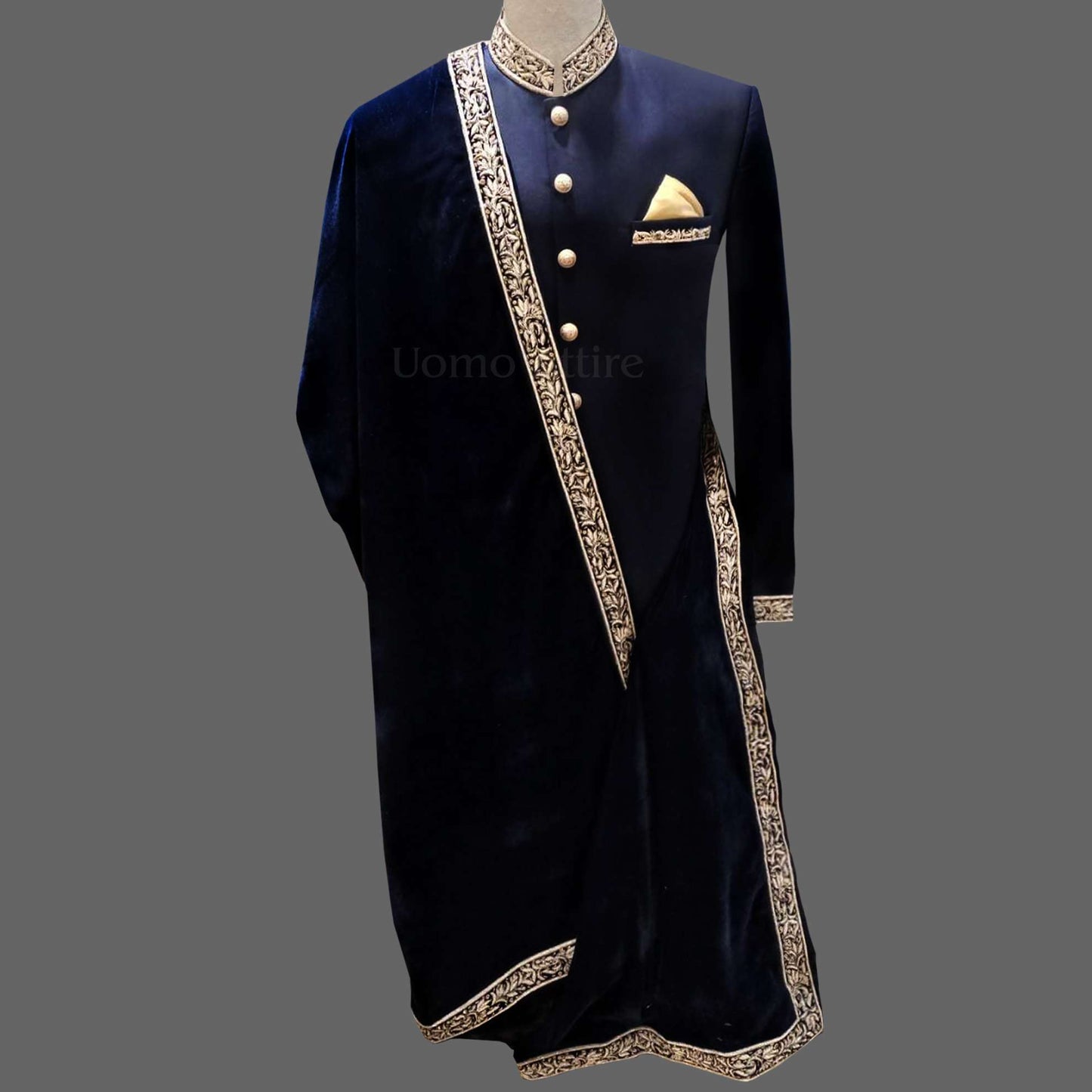 
                  
                    blue sherwani with embellishments and shawl
                  
                
