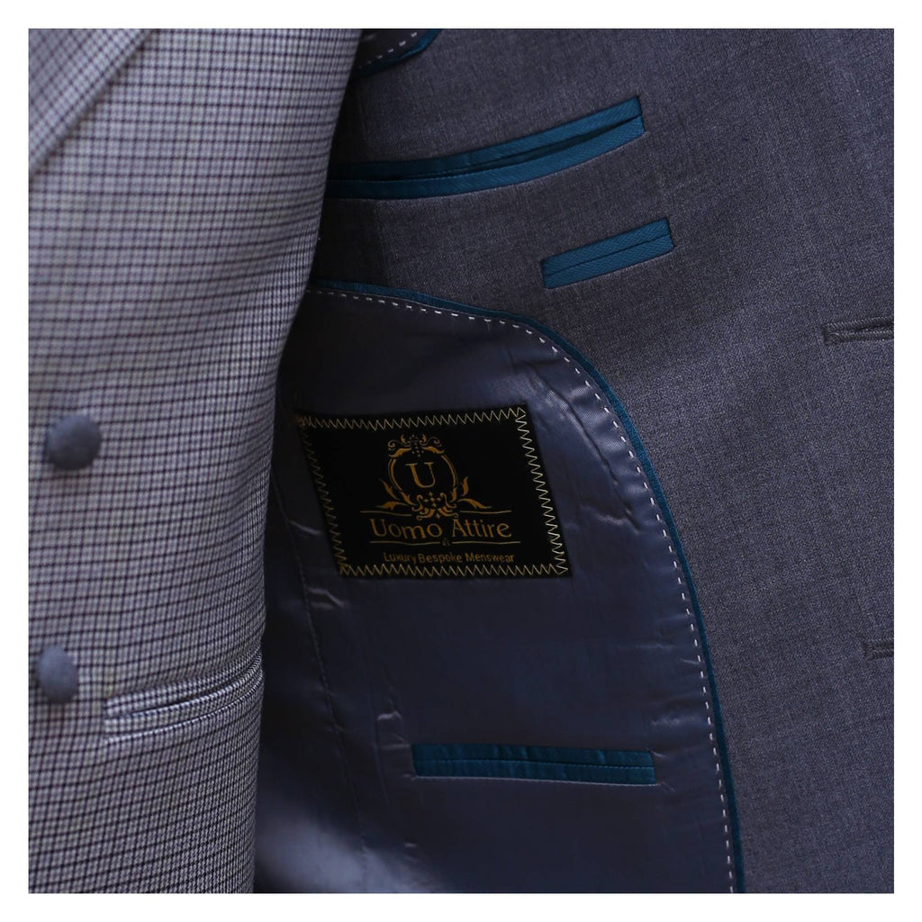 Silver grey three piece suit with v shape shawl lapel inside lining options