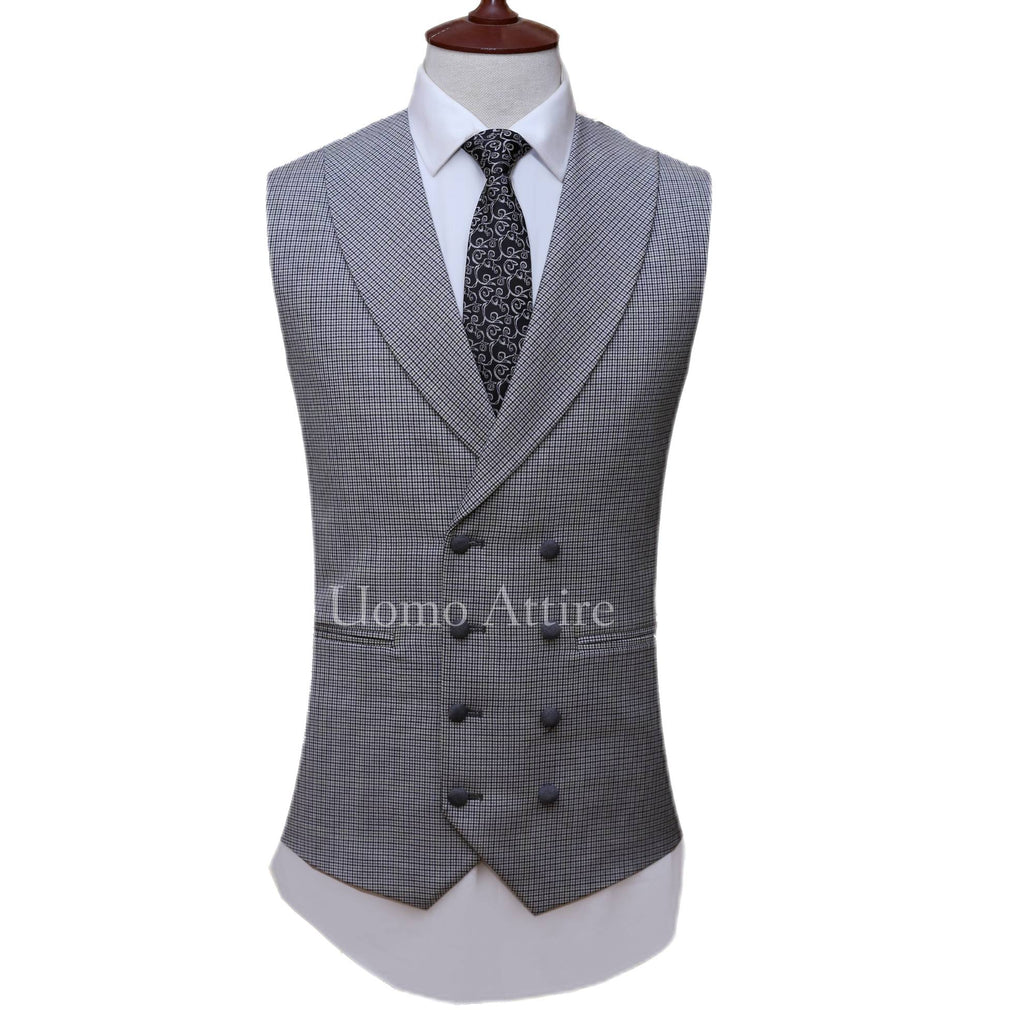 Silver grey three piece suit with v shape shawl lapel vest