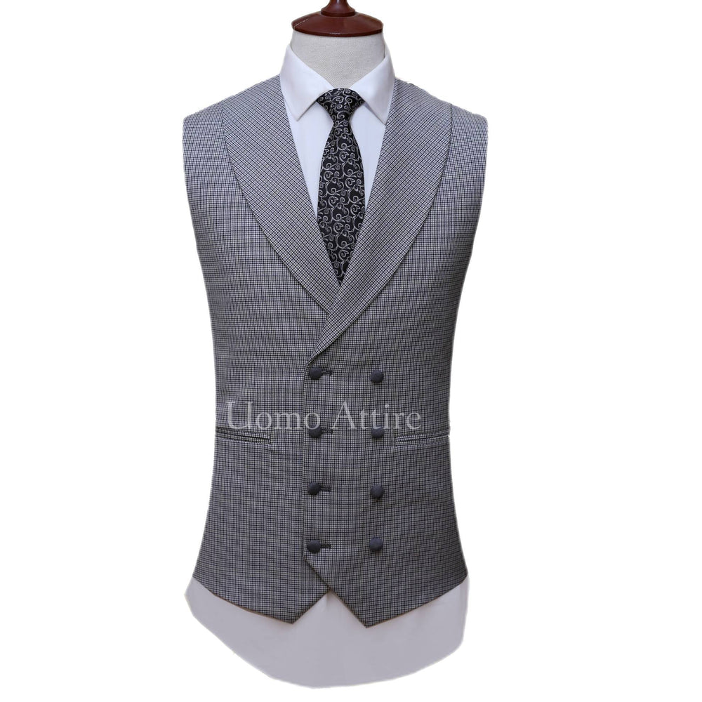 
                  
                    Silver grey three piece suit with v shape shawl lapel vest
                  
                