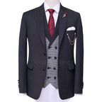Slef embossed bird eye textured ash grey three piece suit
