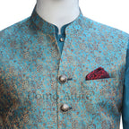 Slim fitted imported jamawar waistcoat with golden brass buttons