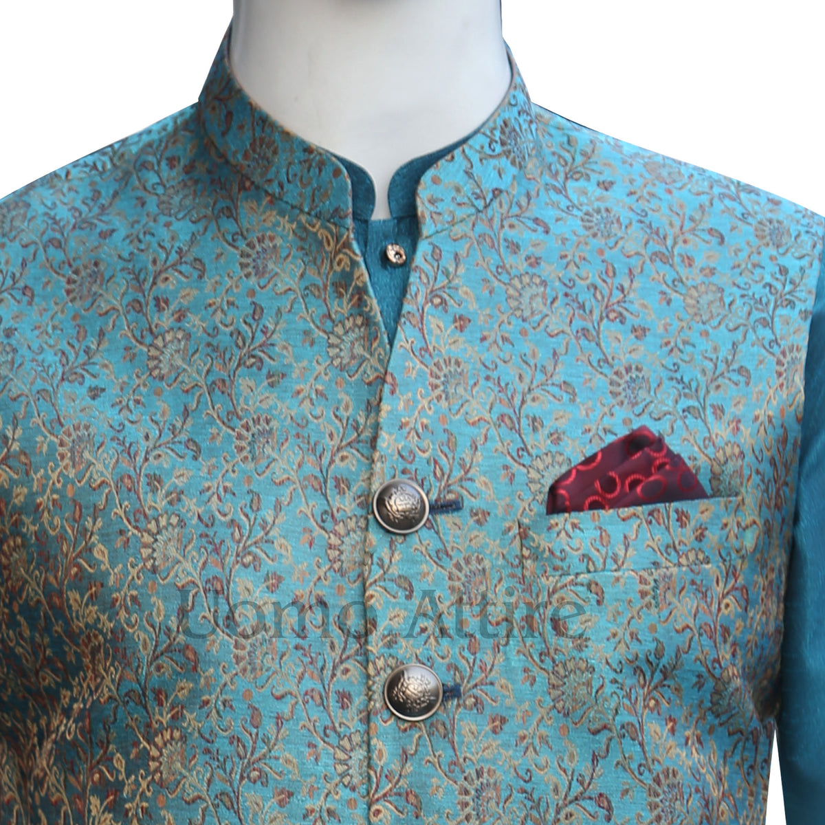 Slim fitted imported jamawar waistcoat with golden brass buttons