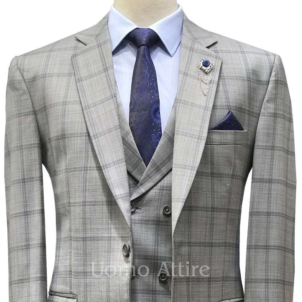Slate gray three piece suit with tartan plaid checks with double breasted shawl lapel vest