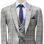 Slate gray three piece suit with tartan plaid checks with double breasted shawl lapel vest