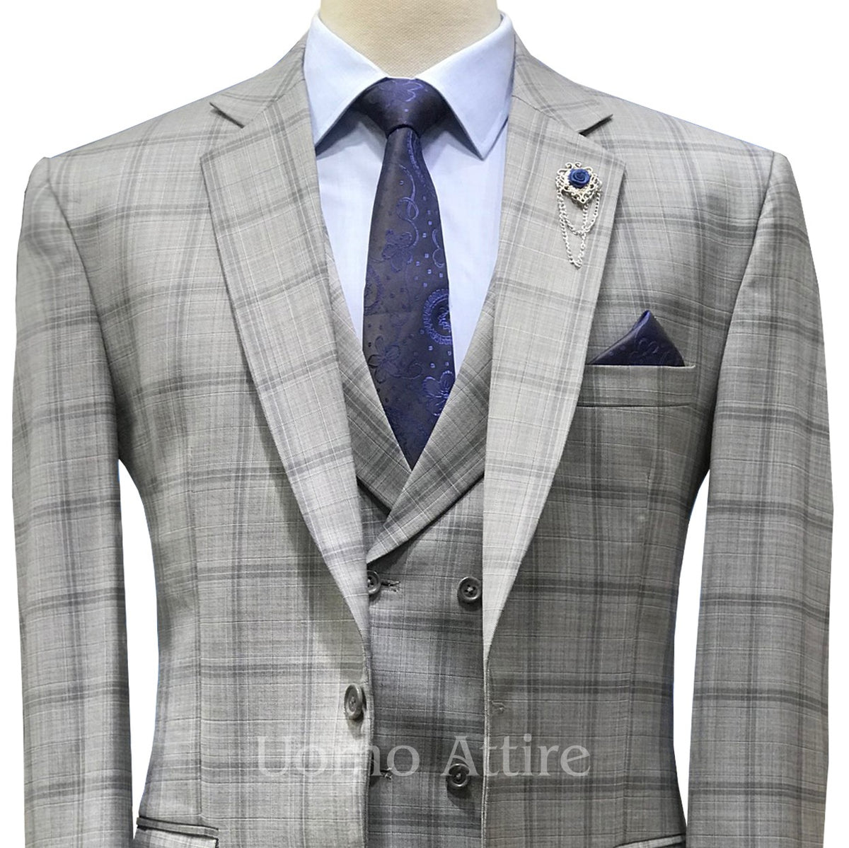 Slate gray three piece suit with tartan plaid checks with double breasted shawl lapel vest