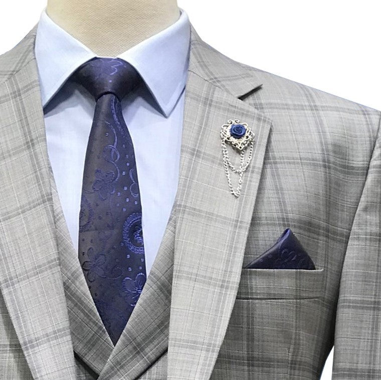 
                  
                    Slate gray three piece suit with tartan plaid checks with double breasted shawl lapel vest and formal tie
                  
                