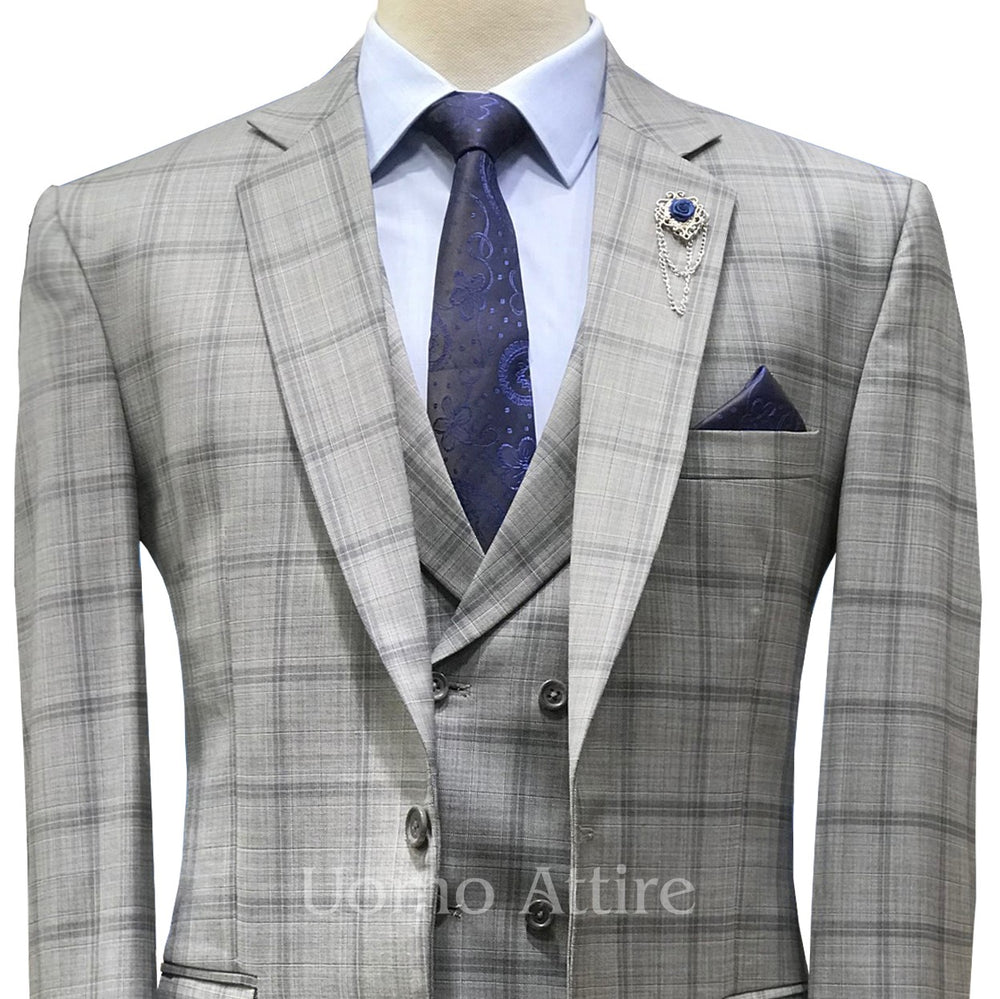 
                  
                    Slate gray three piece suit with tartan plaid checks with double breasted shawl lapel vest
                  
                
