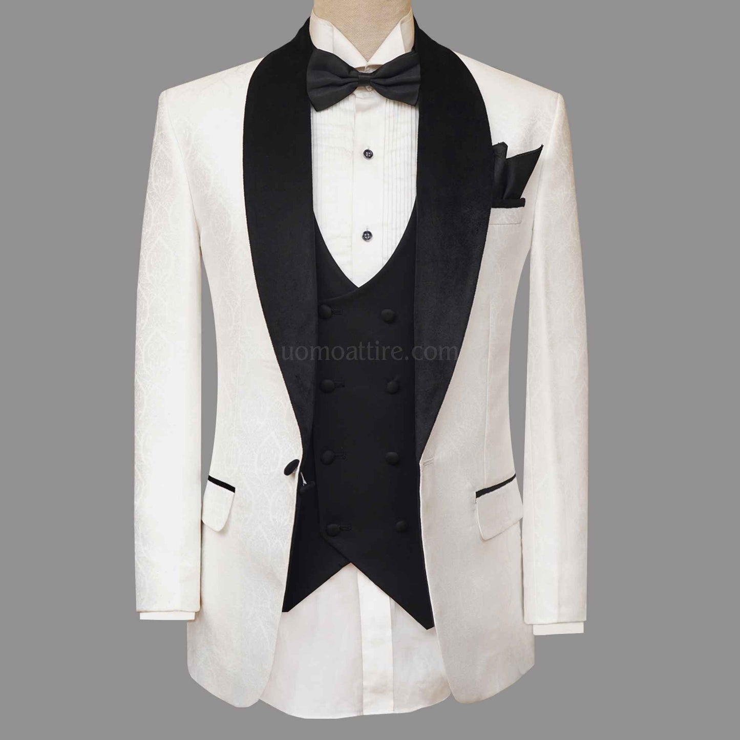 textured fabric white tuxedo 3 piece suit, white tuxedo 3 piece suit with black contrast vest and shawl