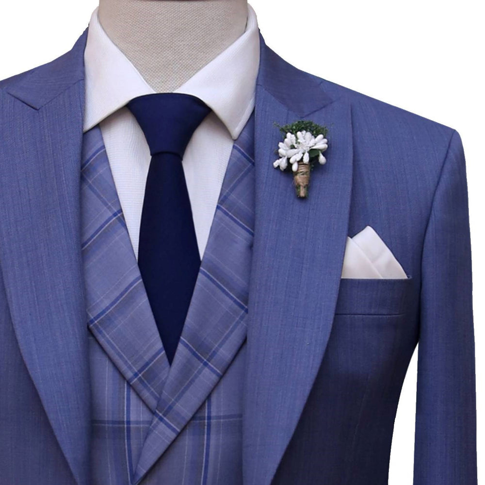 Woolen fabric three piece suit for wedding, blue suit for wedding with lapel pin and pocket square
