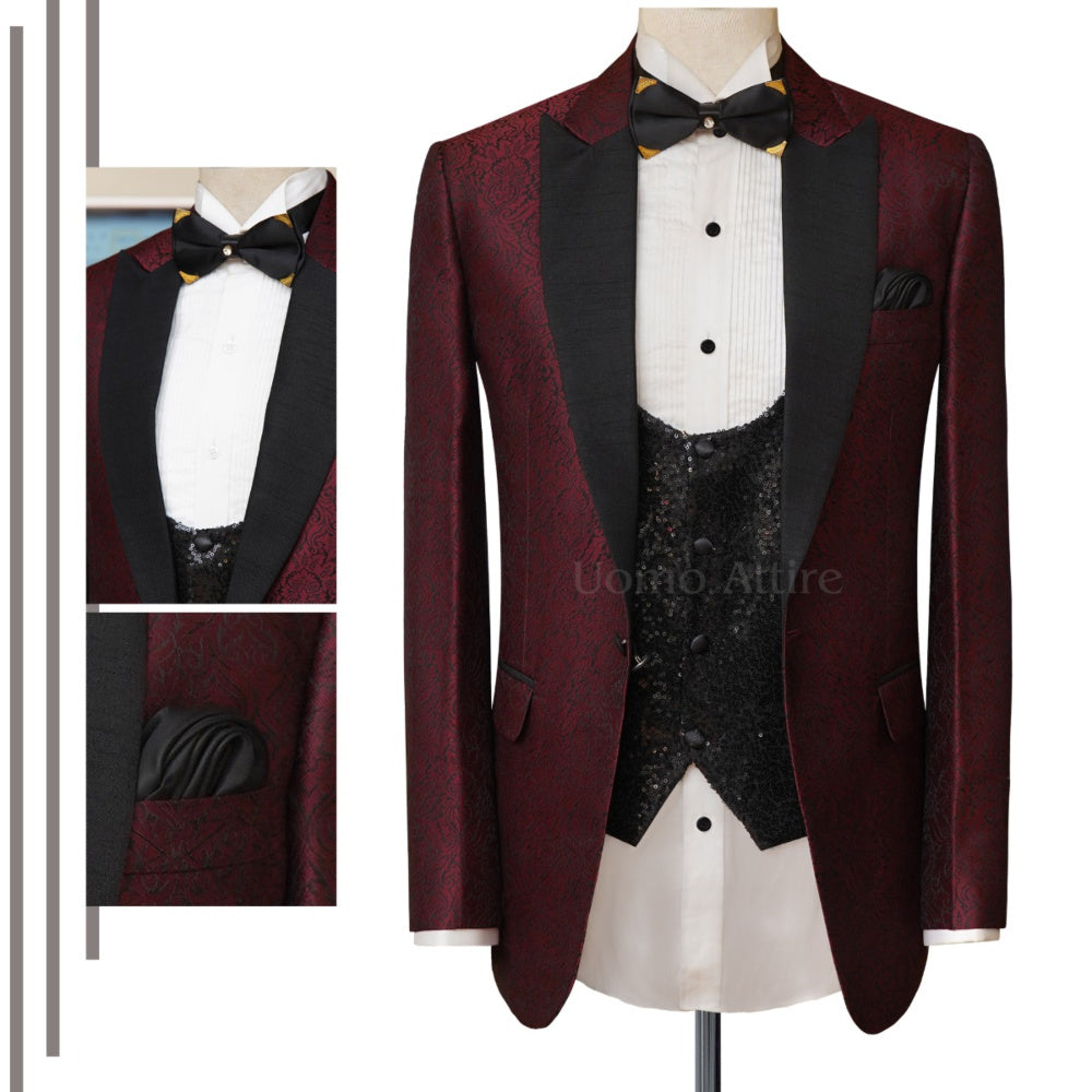 Bespoke tuxedo 3 piece suit in self embossed textured fabric, tuxedo suit, maroon jamawar tuxedo suit