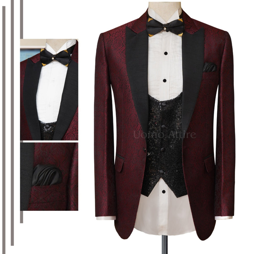 
                  
                    Bespoke tuxedo 3 piece suit in self embossed textured fabric, tuxedo suit, maroon jamawar tuxedo suit
                  
                