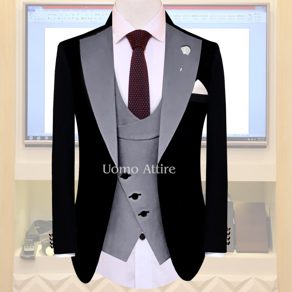 Custom-made black tuxedo three piece suit, tuxedo suit, black tuxedo with wide contrast shawl and single-breasted vest