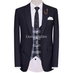 Custom-made black slim fit three piece suit with check vest