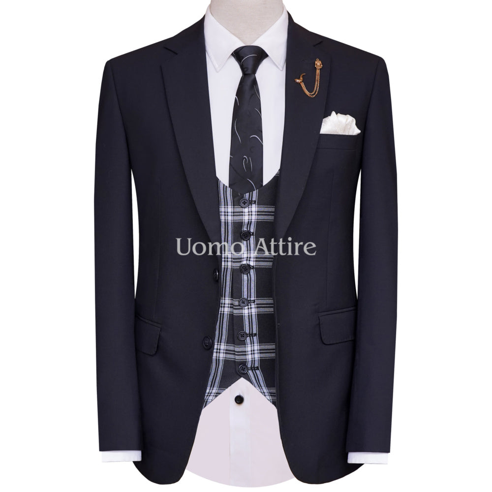 Custom-made black slim fit three piece suit with check vest
