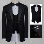 Luxurious black embellished tuxedo 3 piece suit, black tuxedo, black tuxedo suit with embellishments, tuxedo suit with single-breasted vest