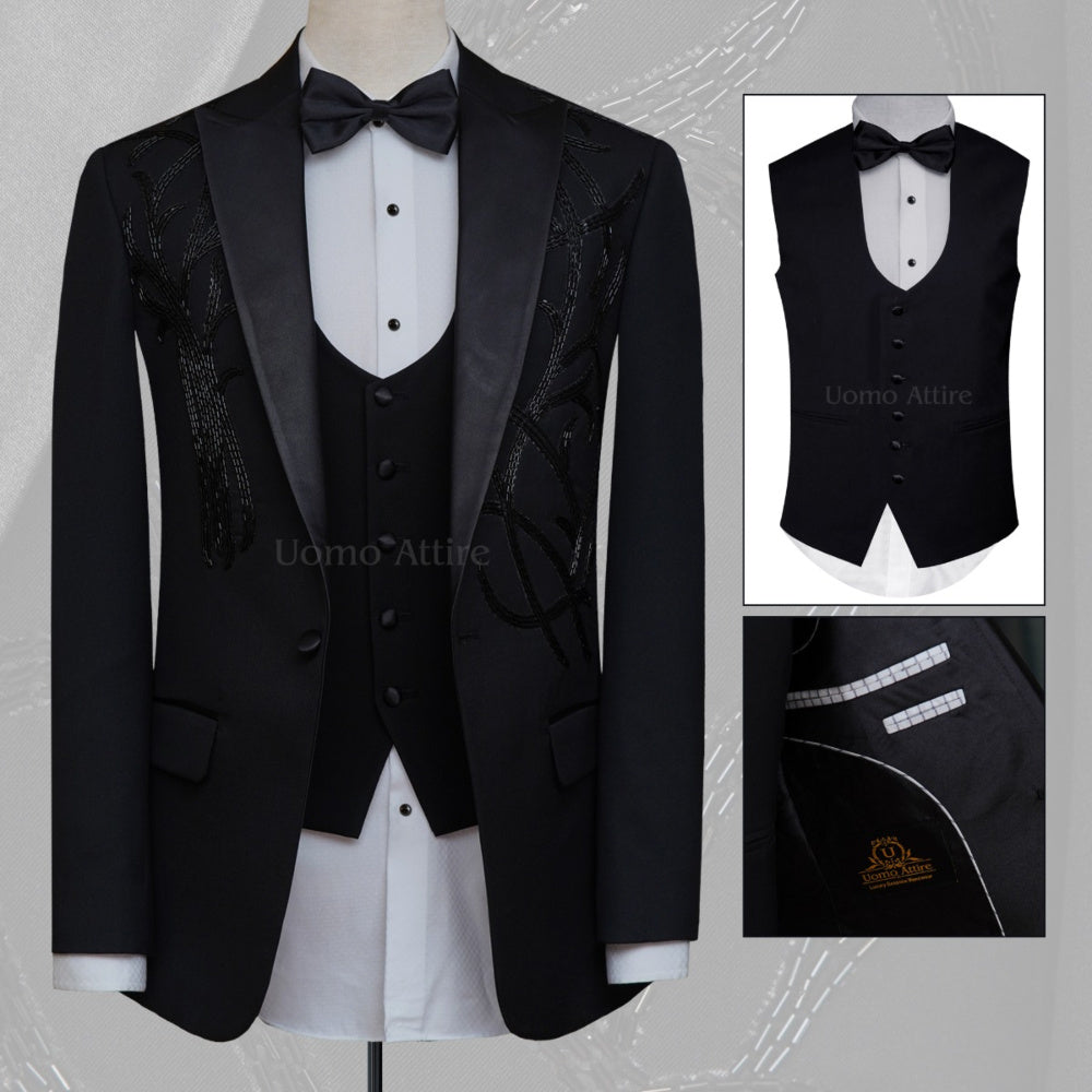 Luxurious black embellished tuxedo 3 piece suit, black tuxedo, black tuxedo suit with embellishments, tuxedo suit with single-breasted vest