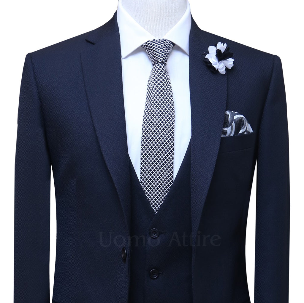 Black self textured italian 3 piece suit