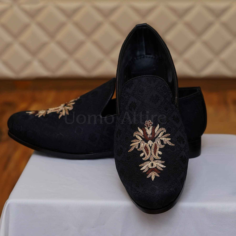 Self textured black shoes with hand embellishments for wedding