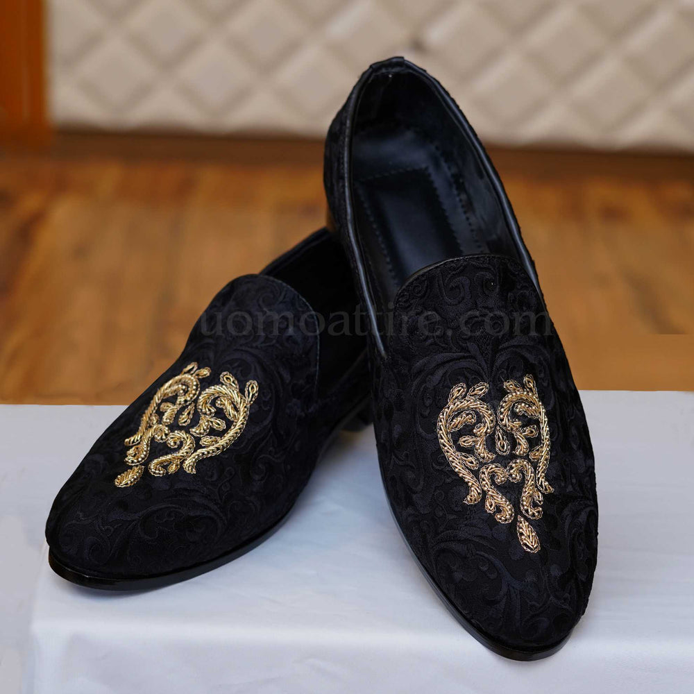 Embroidered fabric black shoes with hand embellishment | Fabric Shoes for Groom
