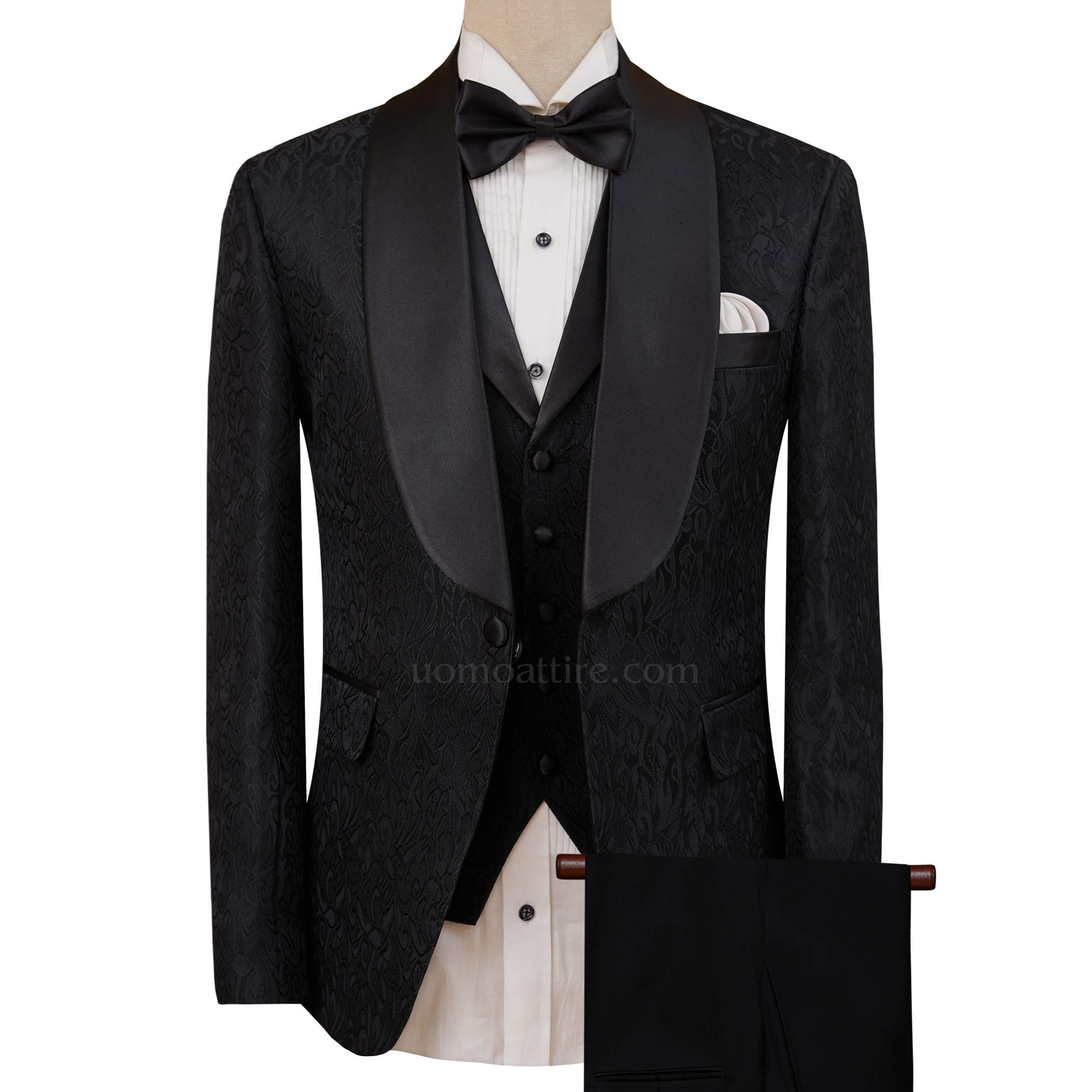 Black Shawl Collar Self Design Tuxedo Suit