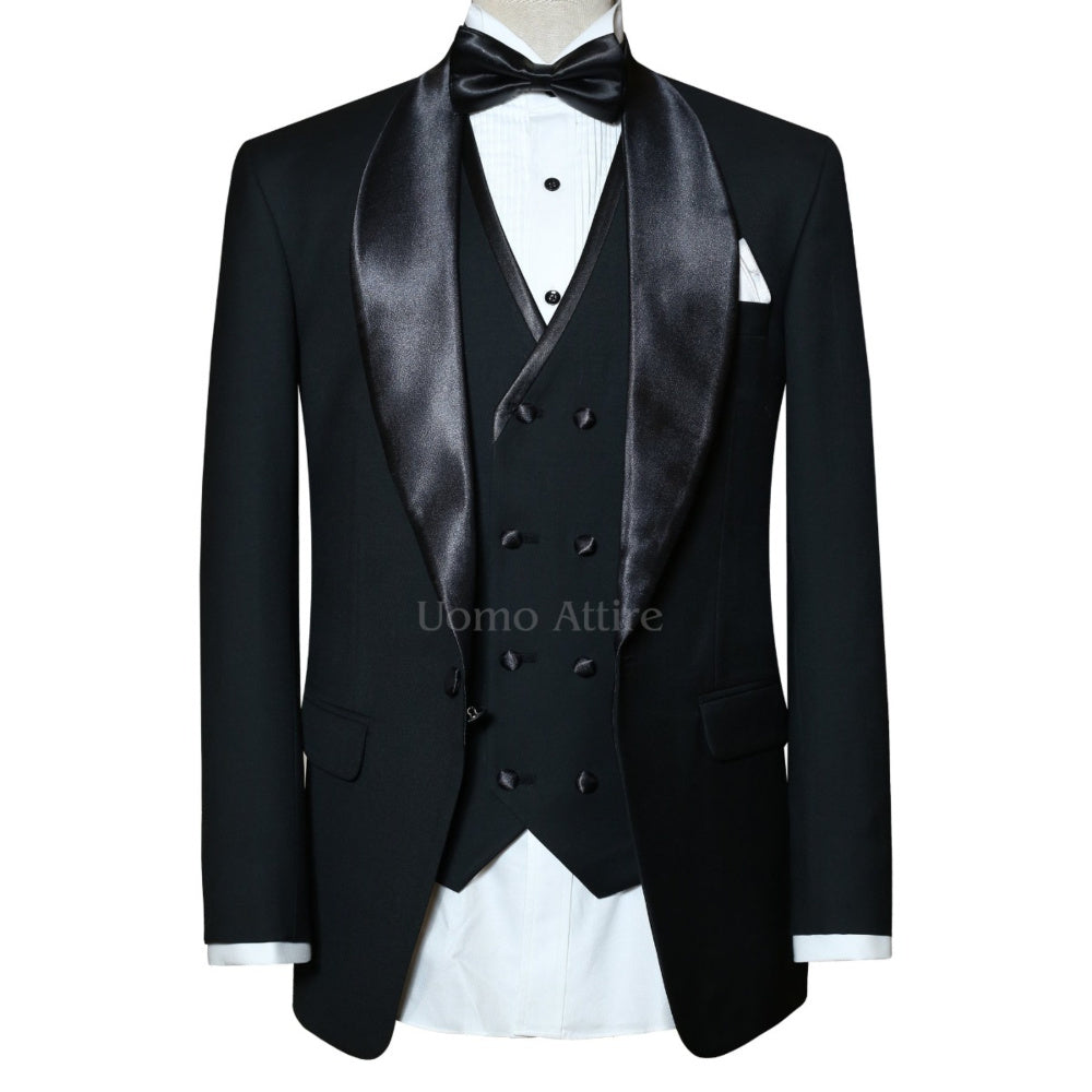 Tailor-made black tuxedo three piece suit for your best event, tuxedo suit, black tuxedo suit, satin shawl double breasted vest tuxedo