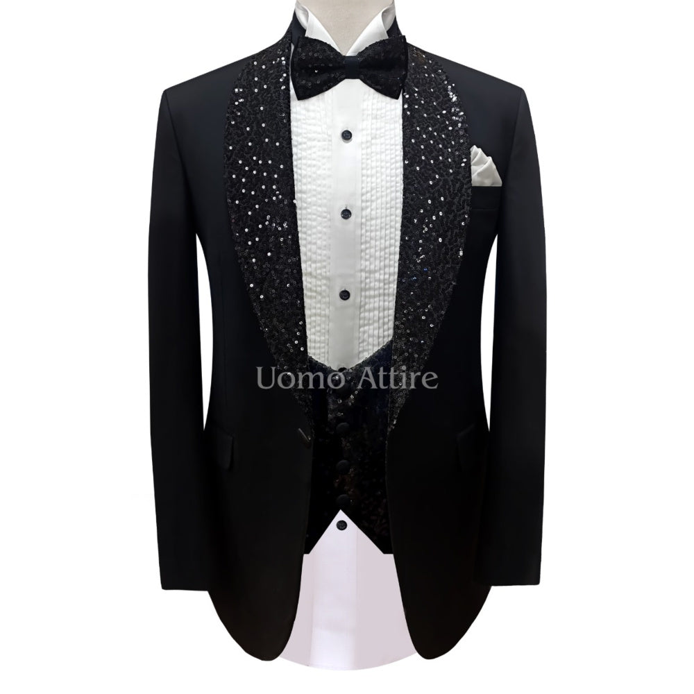 
                  
                    Tailor-made black tuxedo three piece suit with sequin fabric shawl, black tuxedo suit, black tuxedo suit with sequin fabric shawl lapel and single breasted vest
                  
                
